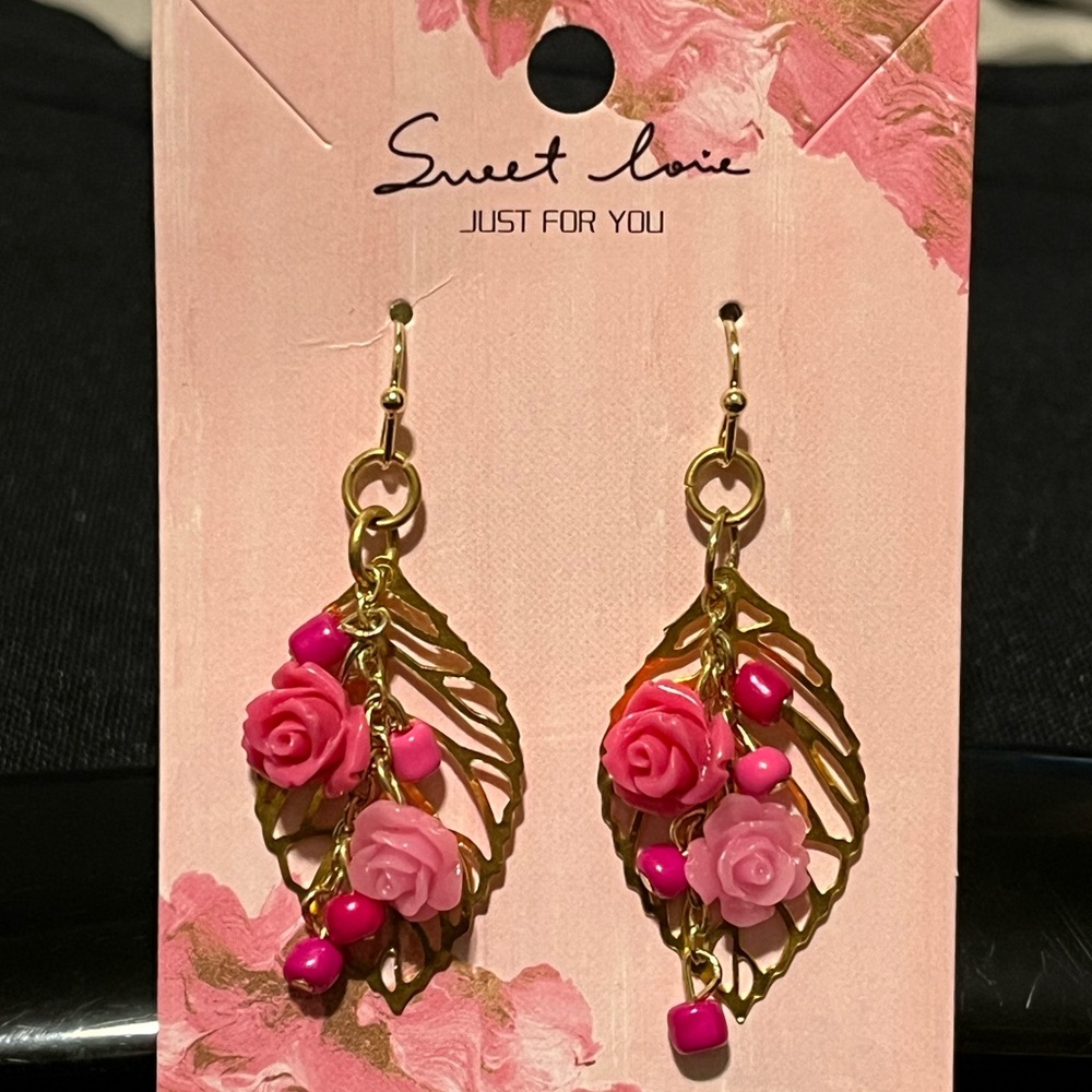 Gold and Pink Rose Earrings